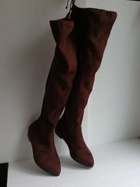 Brown Suede Wide Calf Flat Over the Knee Boot Side Zip TieTop NWOB Sz8.5 WW - Picture 5 of 15